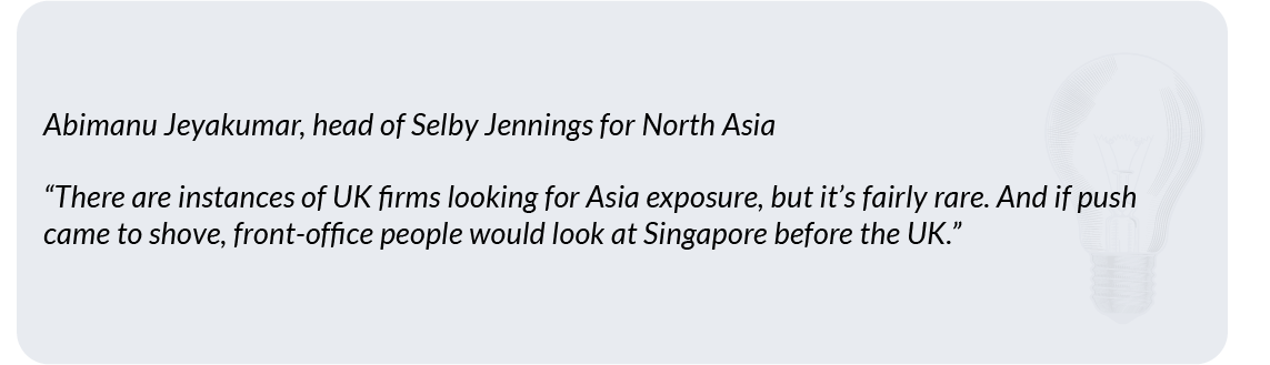 Abimanu Jeyakumar, head of Selby Jennings for North Asia"There are instances of UK firms looking for Asia exposure, but it’s fairly rare. And if push came to shove, front-office people would look at Singapore before the UK."